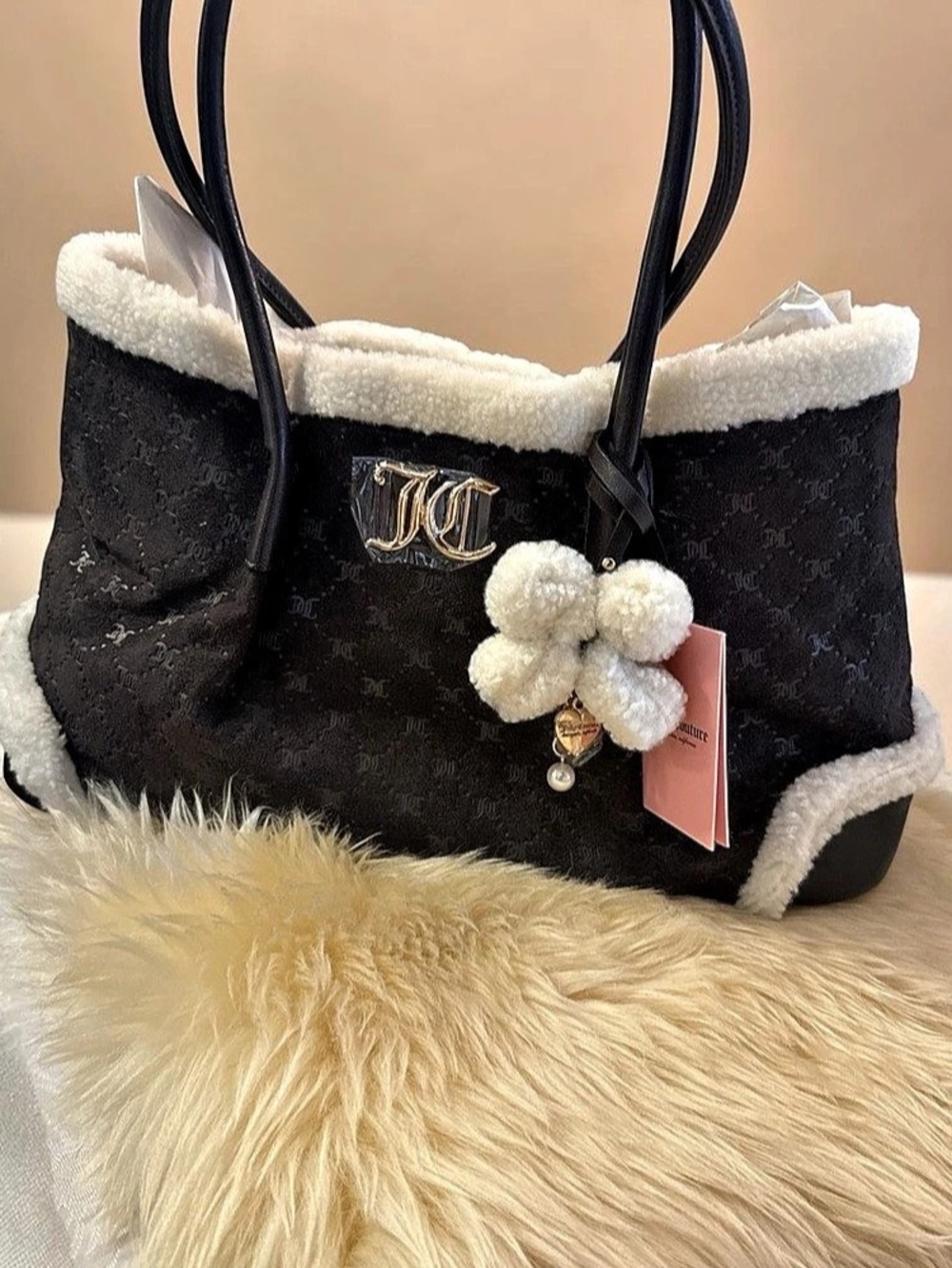 Juicy Couture Sherpa Trim Tote in Black & White NWT